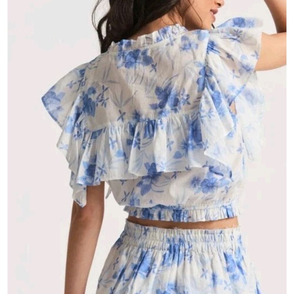 Love Shack Fancy Cotton Floral Blue White ButtonUp Cropped Nora Top XS Boho Chic - Picture 2 of 14